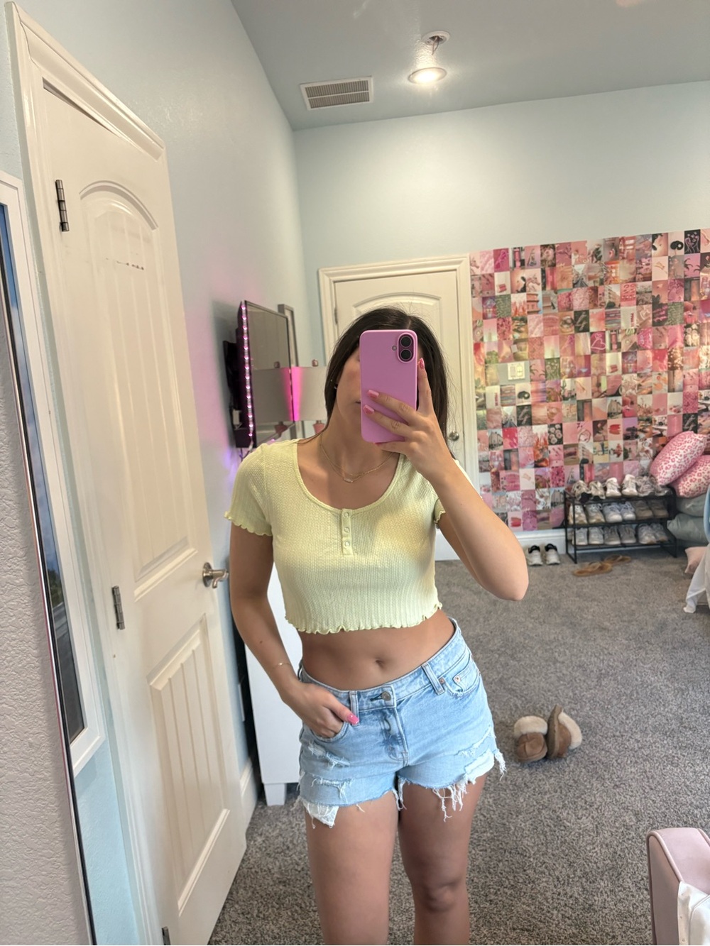 bp Light Yellow Ribbed Henley Crop Top